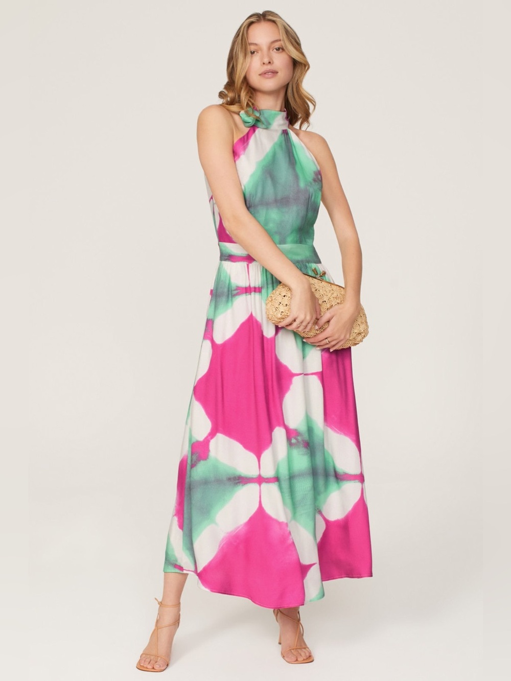 Tie-Dye Halter Midi Dress in Hot Pink & Mint